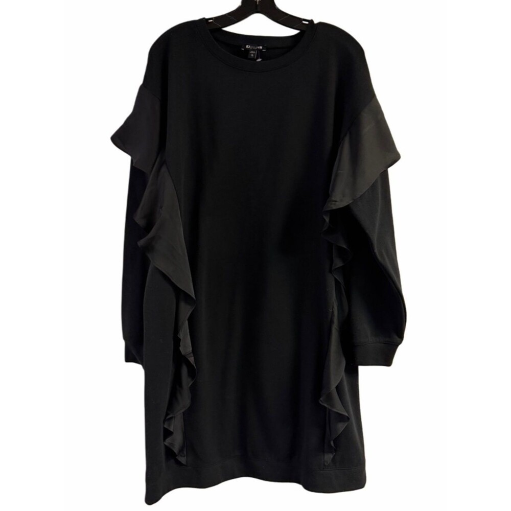 New Express Black Ruffle Front Oversized Sweatshirt Dress Size XL